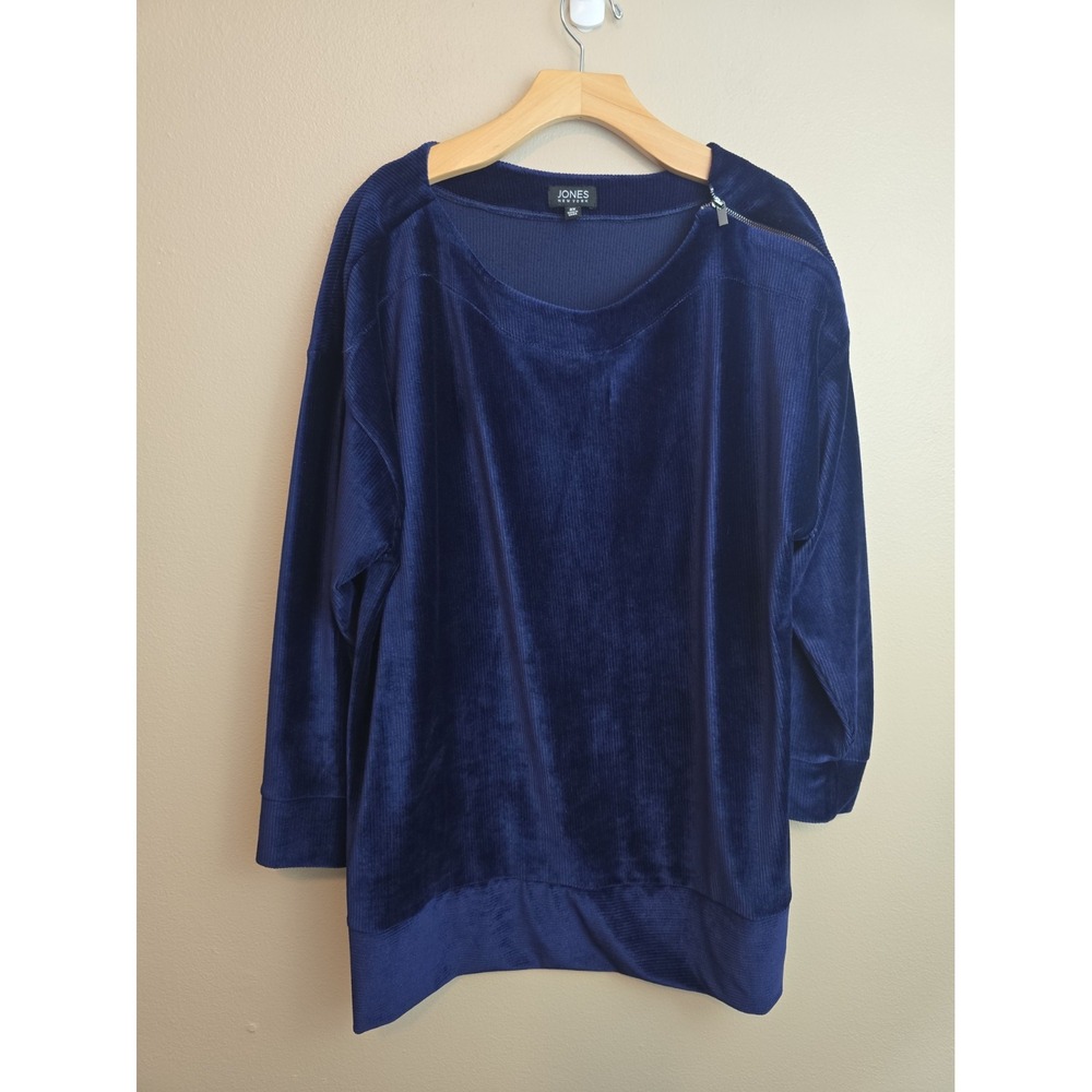Jones NY Velour Velvet Womens 2X Ribbed Pullover Navy Blue Shirt Y2K Cozy